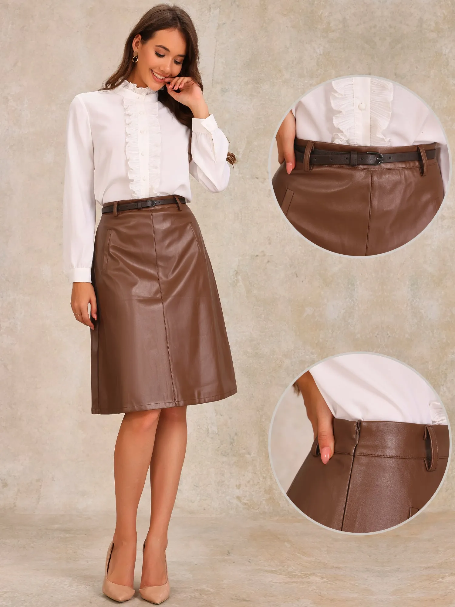 Faux Leather Belted A-Line High Waist Midi Skirt sold by Allegra K product image thumbnail 2
