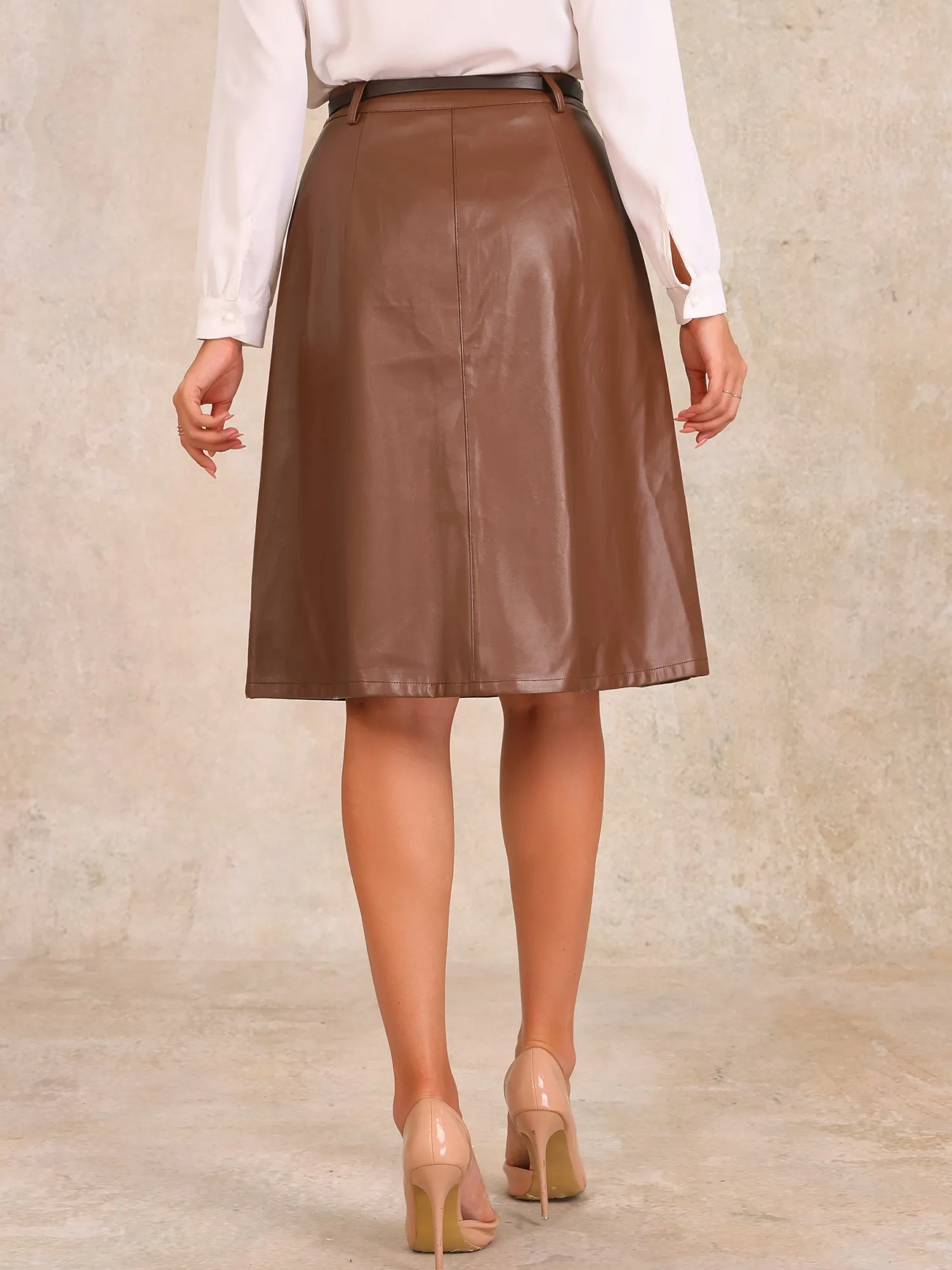 Faux Leather Belted A-Line High Waist Midi Skirt sold by Allegra K product image thumbnail 3