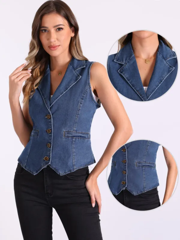 Notched Lapel Button Down Sleeveless Denim Jean Vest sold by Allegra K