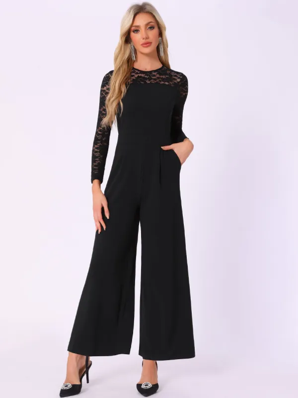 Crew Neck Mesh Lace Sleeve Wide Leg Jumpsuit sold by Allegra K