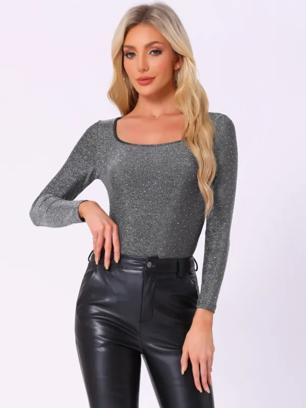 Shiny Dots Square Neck Long Sleeve Party Bodysuits sold by Allegra K
