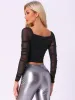 Ruched Square Neck Long Sleeve Mesh Glitter Blouse sold by Allegra K