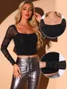 Ruched Square Neck Long Sleeve Mesh Glitter Blouse sold by Allegra K