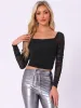 Ruched Square Neck Long Sleeve Mesh Glitter Blouse sold by Allegra K