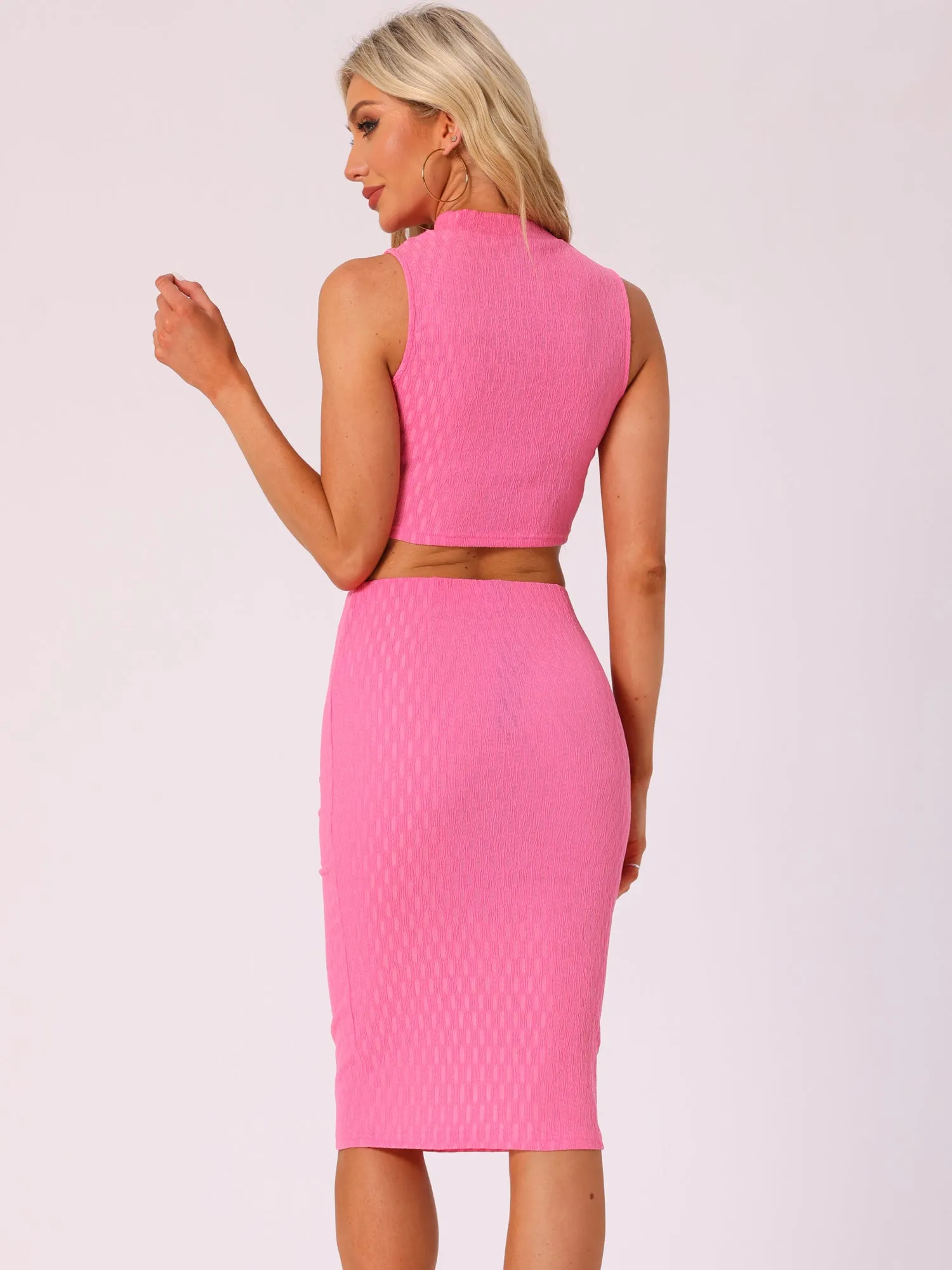 2 Pieces Mock Neck Textured Cropped Tank Top & Midi Pencil Skirt Set sold by Allegra K product image thumbnail 2