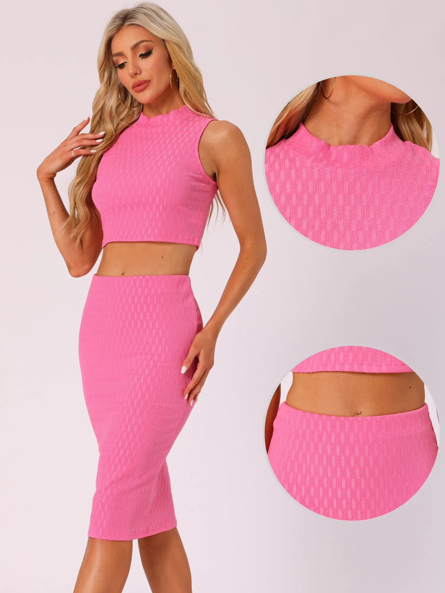 2 Pieces Mock Neck Textured Cropped Tank Top & Midi Pencil Skirt Set sold by Allegra K