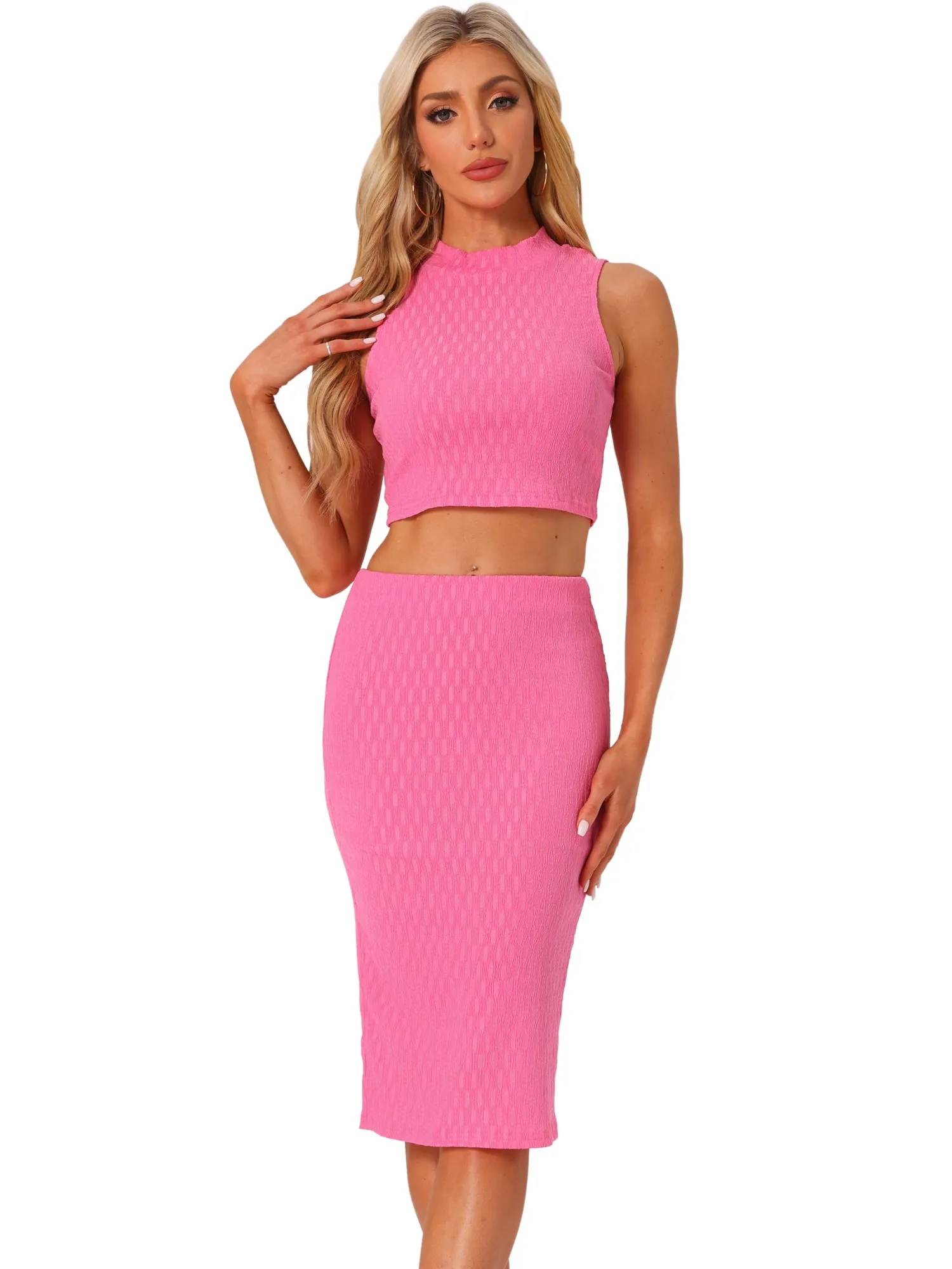 2 Pieces Mock Neck Textured Cropped Tank Top & Midi Pencil Skirt Set sold by Allegra K product image thumbnail 5