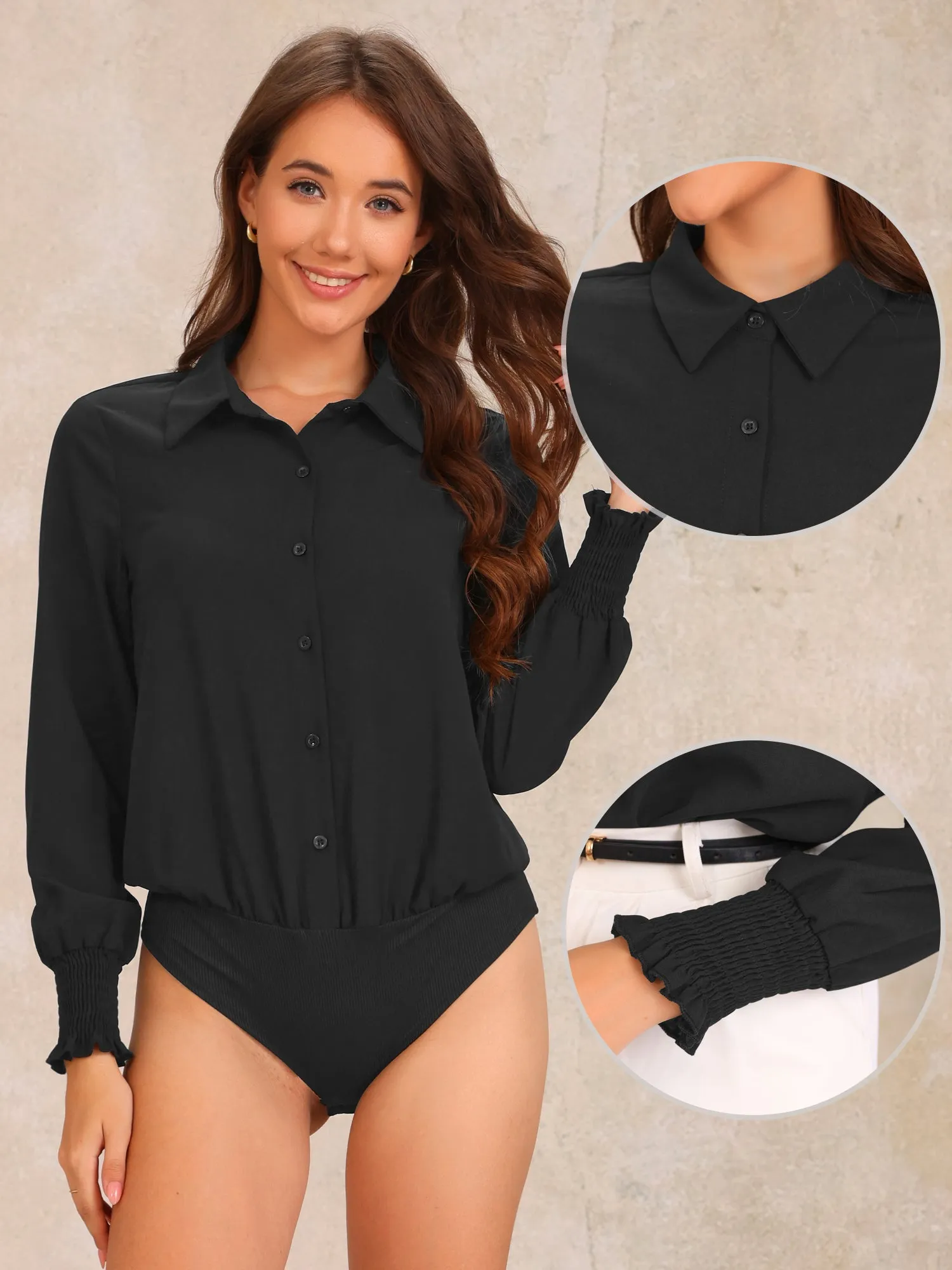 Long Sleeves Collared Business Dressy Leotard Shirt Bodysuit sold by Allegra K