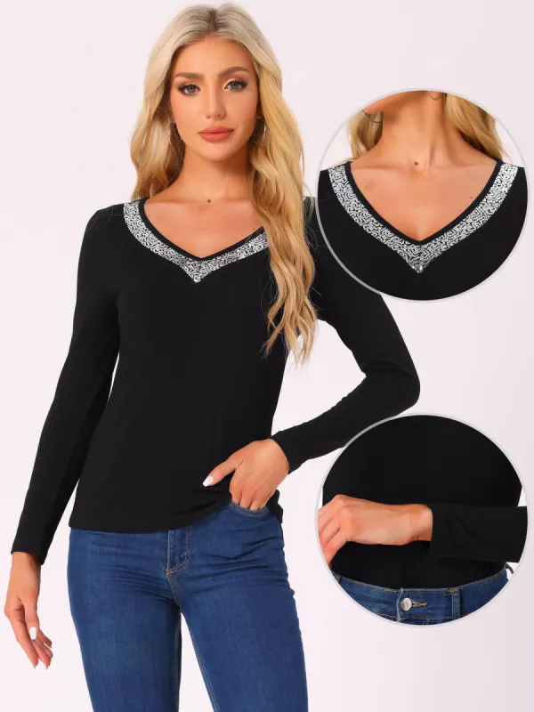 Sequins Long Sleeve V Neck Basic Casual Blouse sold by Allegra K