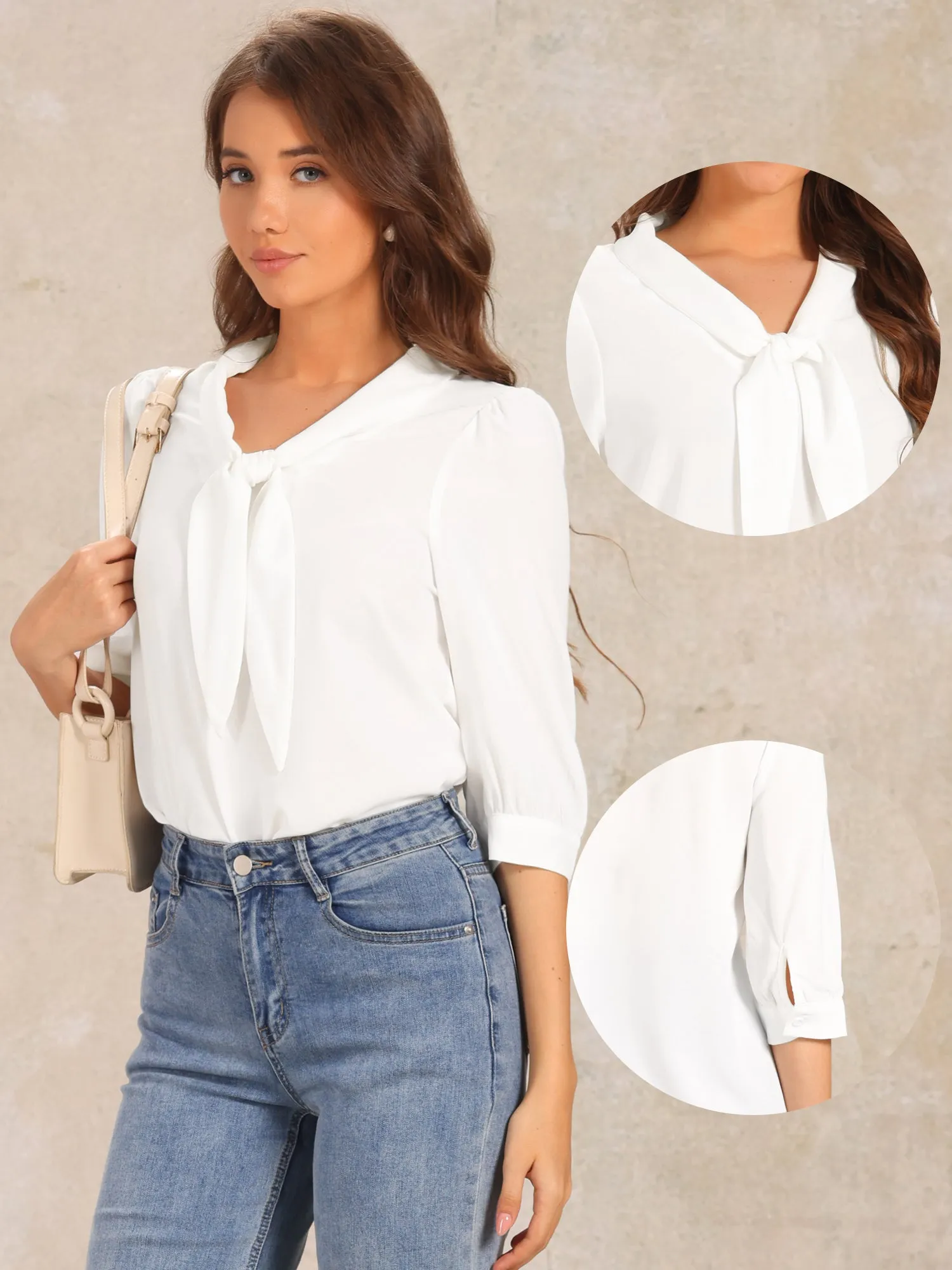 3/4 Sleeve Tie Neck Office Work Loose Blouse sold by Allegra K product image thumbnail 2
