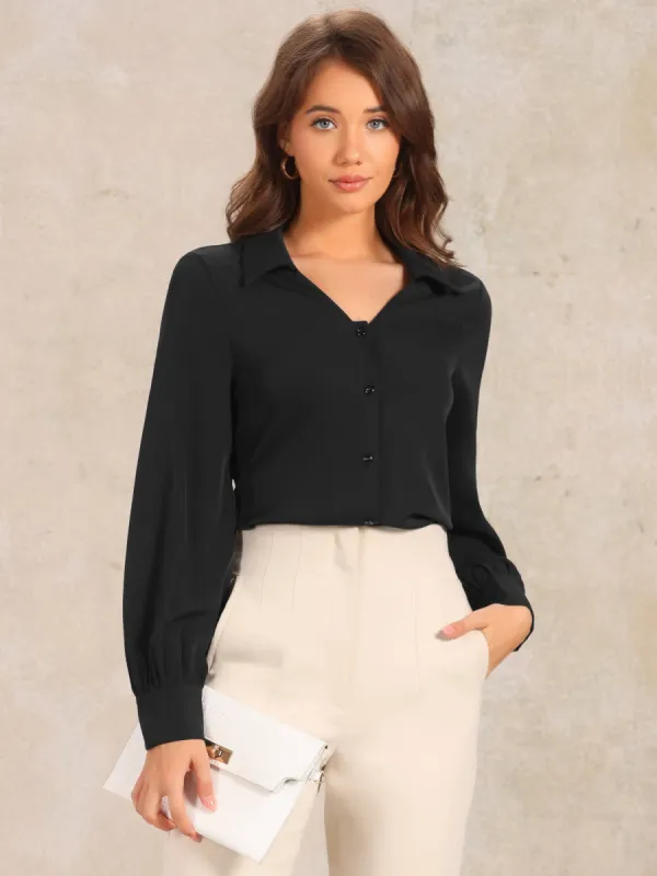 Collar Button Down Lantern Long Sleeve V Neck Work Shirt sold by Allegra K