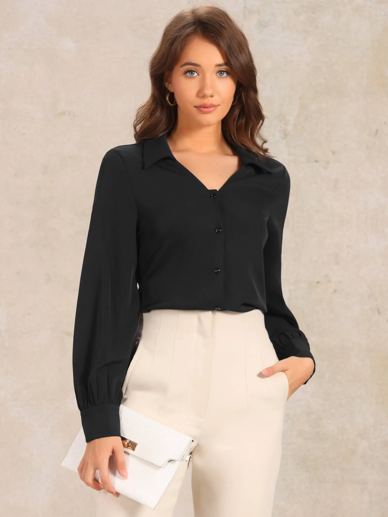 Collar Button Down Lantern Long Sleeve V Neck Work Shirt sold by Allegra K