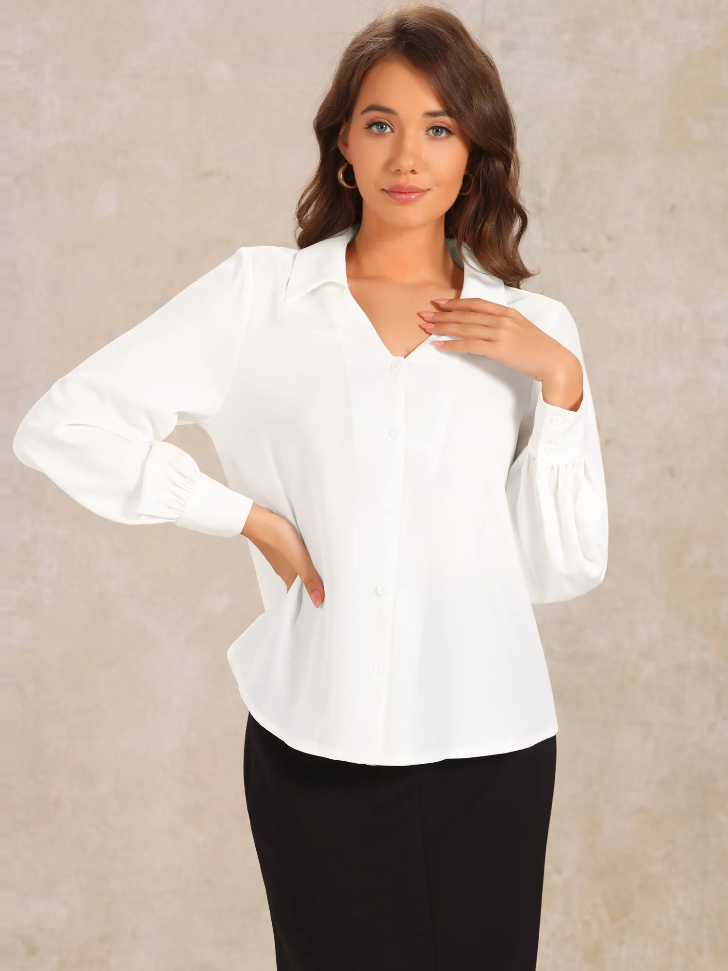 Collar Button Down Lantern Long Sleeve V Neck Work Shirt sold by Allegra K product image thumbnail 5
