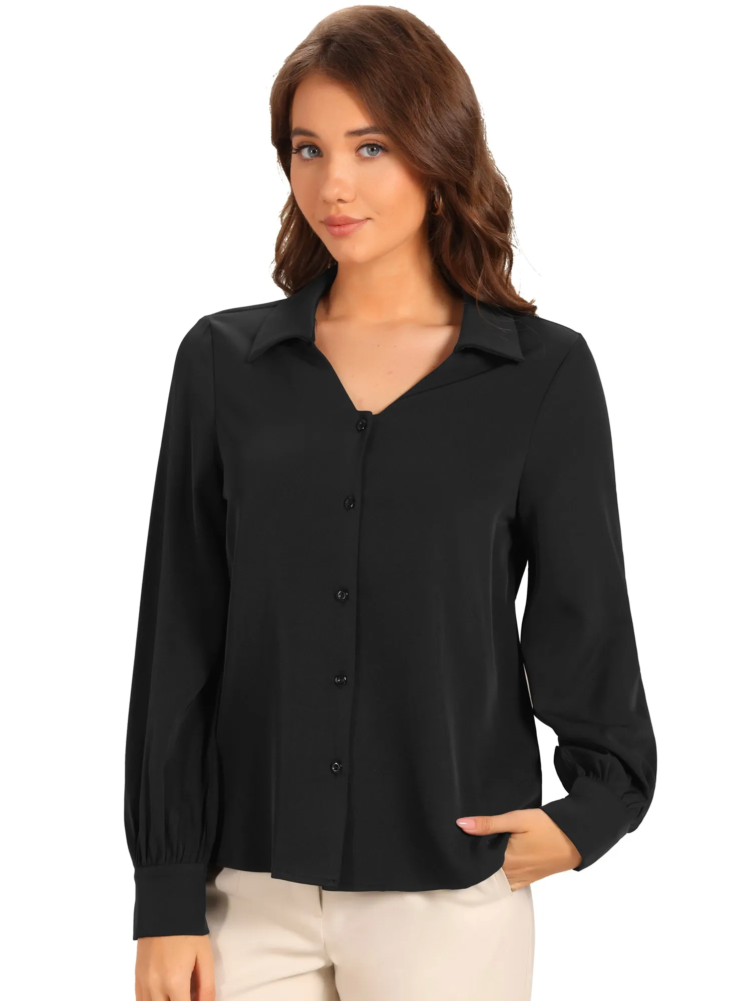 Collar Button Down Lantern Long Sleeve V Neck Work Shirt sold by Allegra K product image thumbnail 4