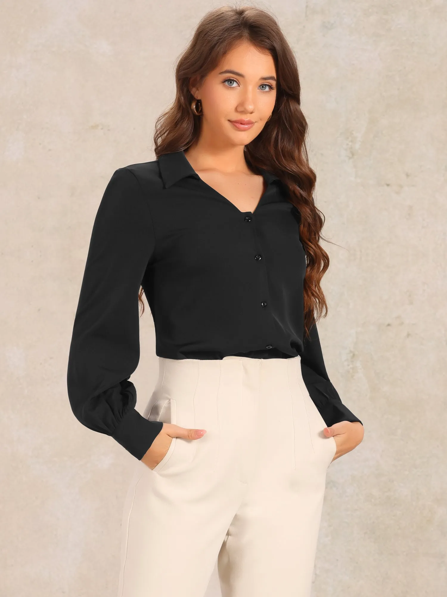 Collar Button Down Lantern Long Sleeve V Neck Work Shirt sold by Allegra K product image thumbnail 2