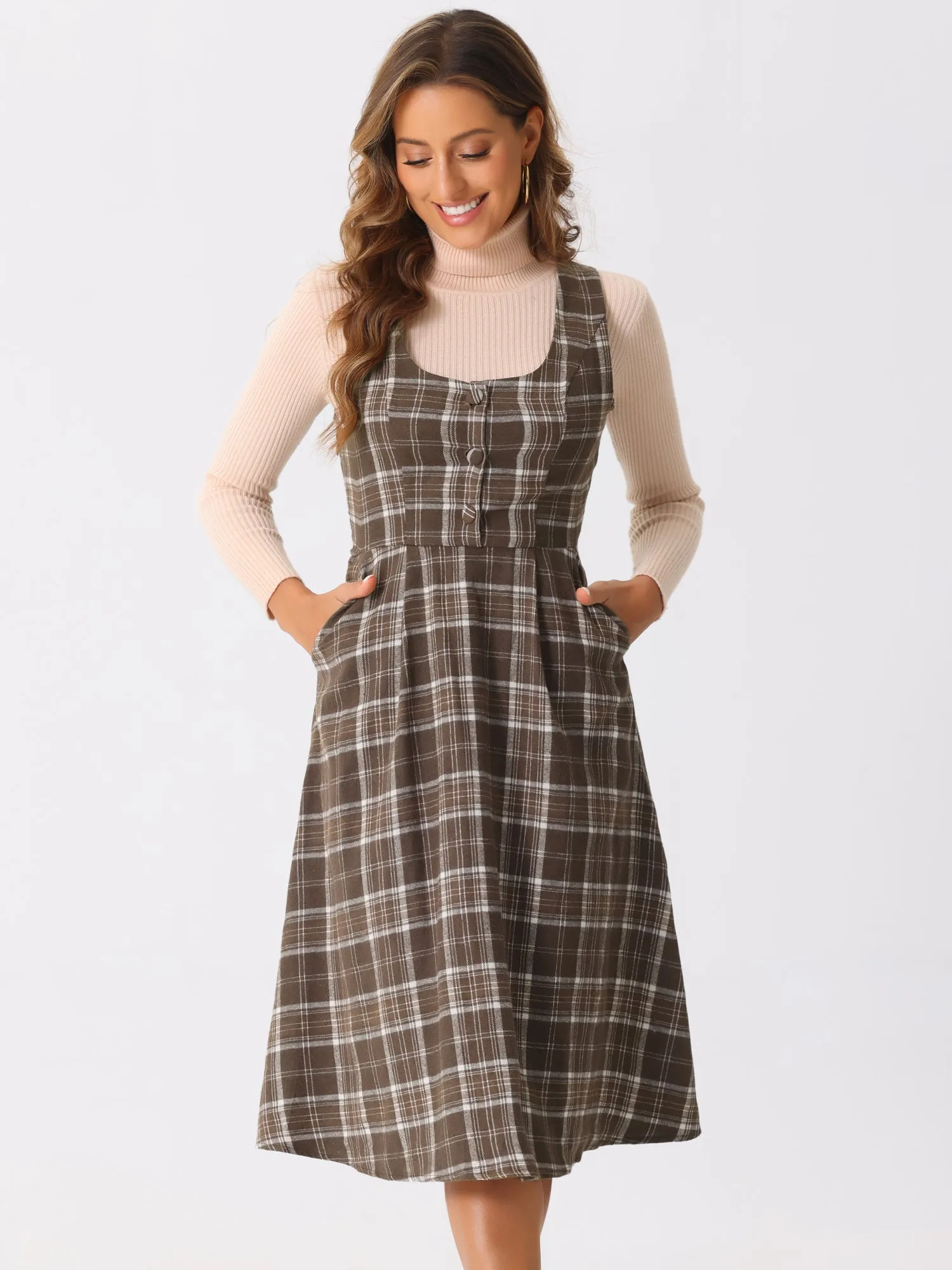 Plaid Vintage Sleeveless A-Line Pocketed Midi Pinafore Dress sold by Allegra K product image thumbnail 2