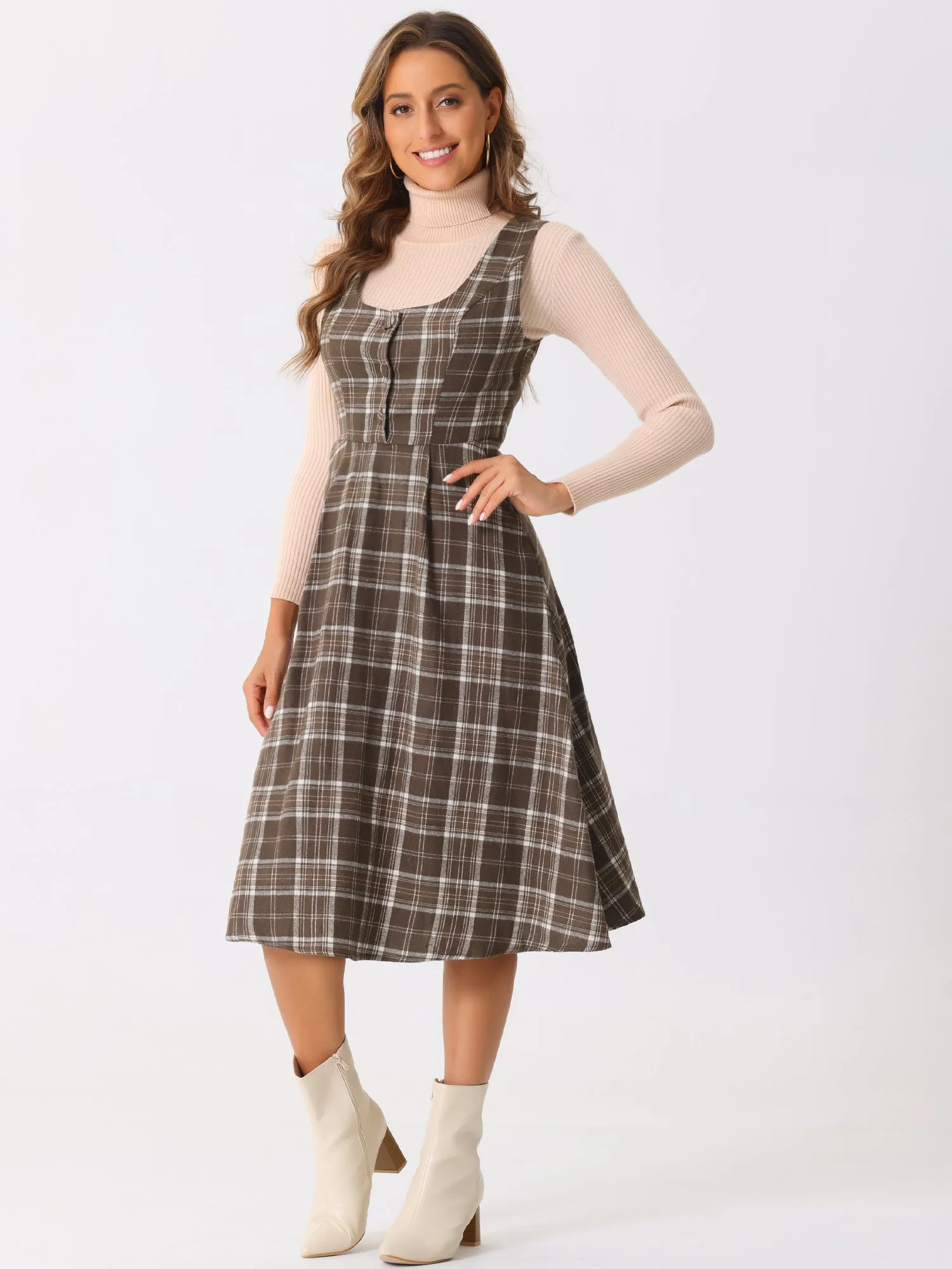 Plaid Vintage Sleeveless A-Line Pocketed Midi Pinafore Dress sold by Allegra K