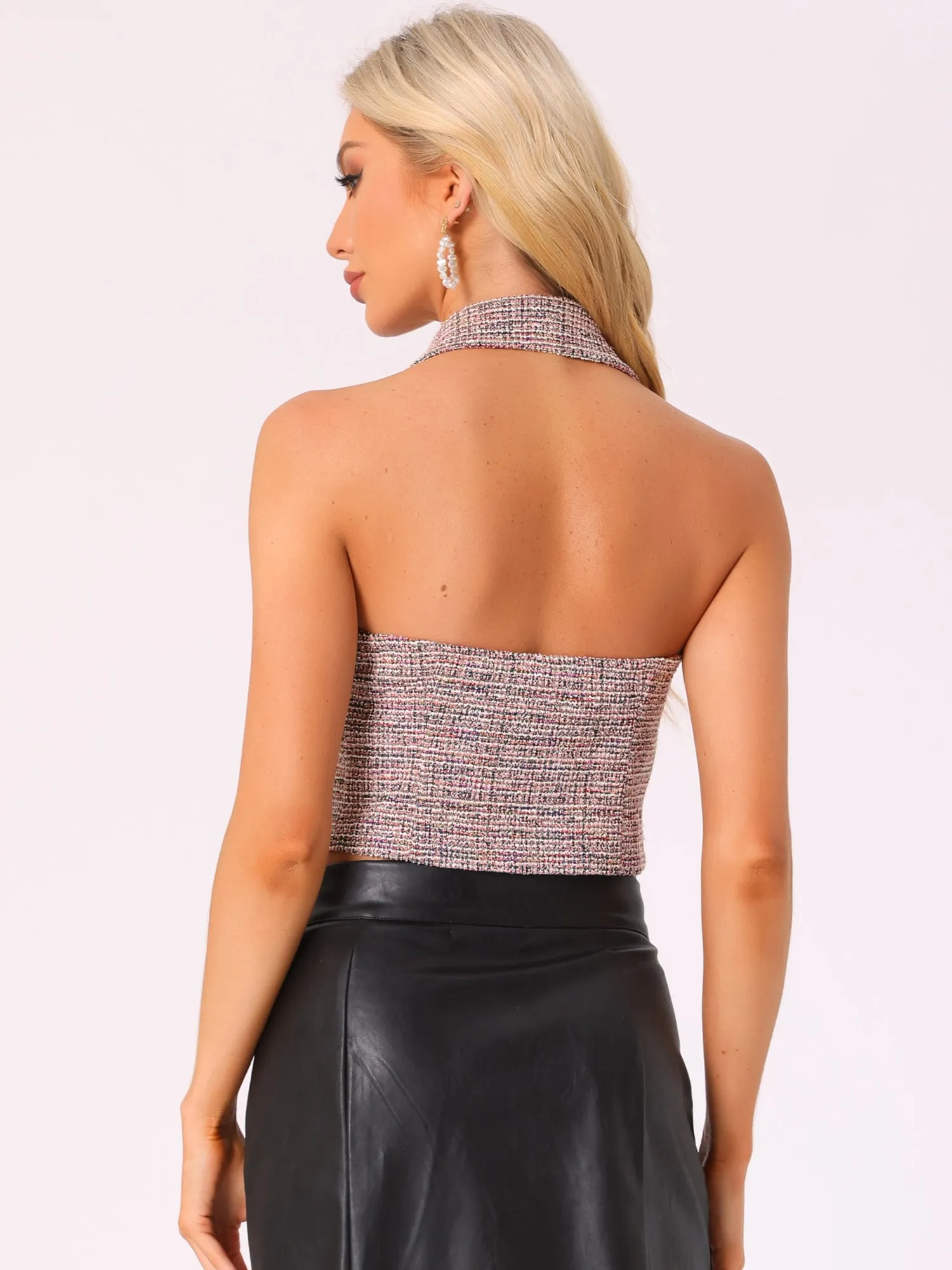 Tweed Halter Neck Backless Sleeveless Cropped Tops sold by Allegra K product image thumbnail 3