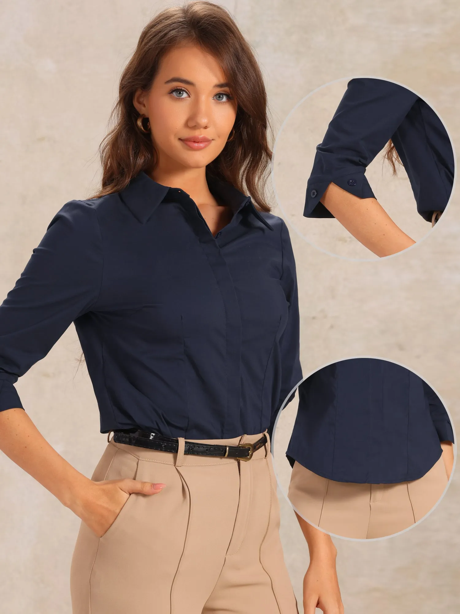 Solid Color 3/4 Sleeves Collared Button Down Shirts sold by Allegra K product image thumbnail 2