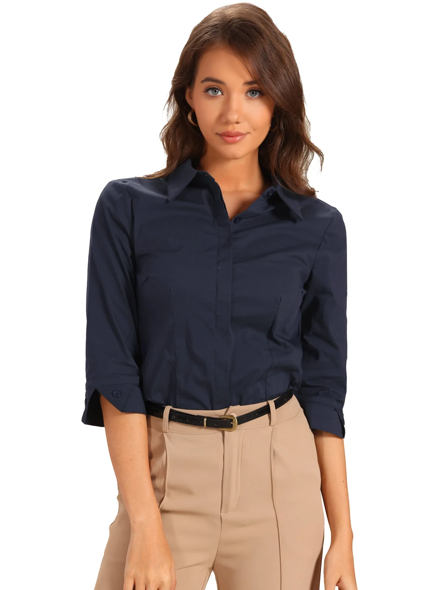 Solid Color 3/4 Sleeves Collared Button Down Shirts sold by Allegra K product image thumbnail 4