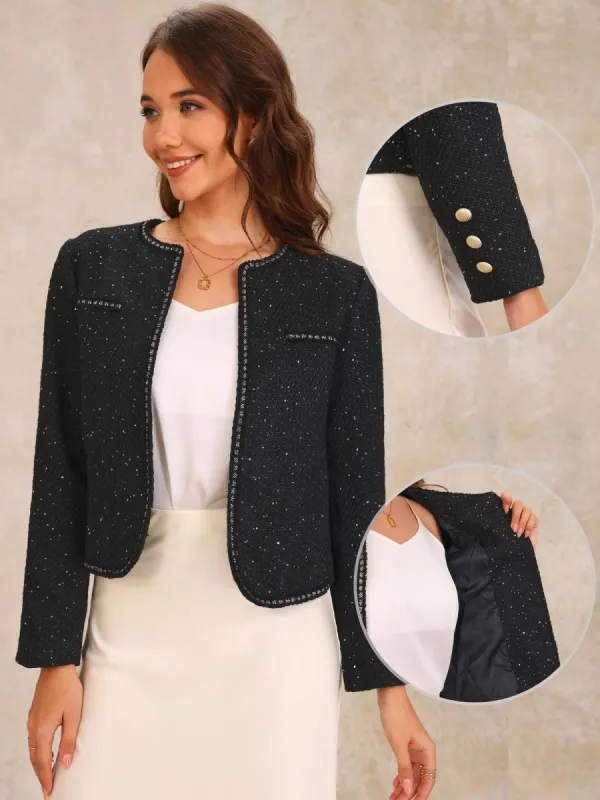 Tweed Long Sleeve Sequins Glitter Cropped Jacket sold by Allegra K