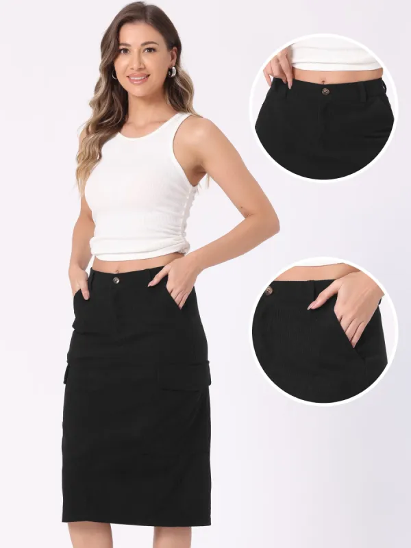 High Waisted Elastic Back Corduroy Midi Cargo Skirt sold by Allegra K