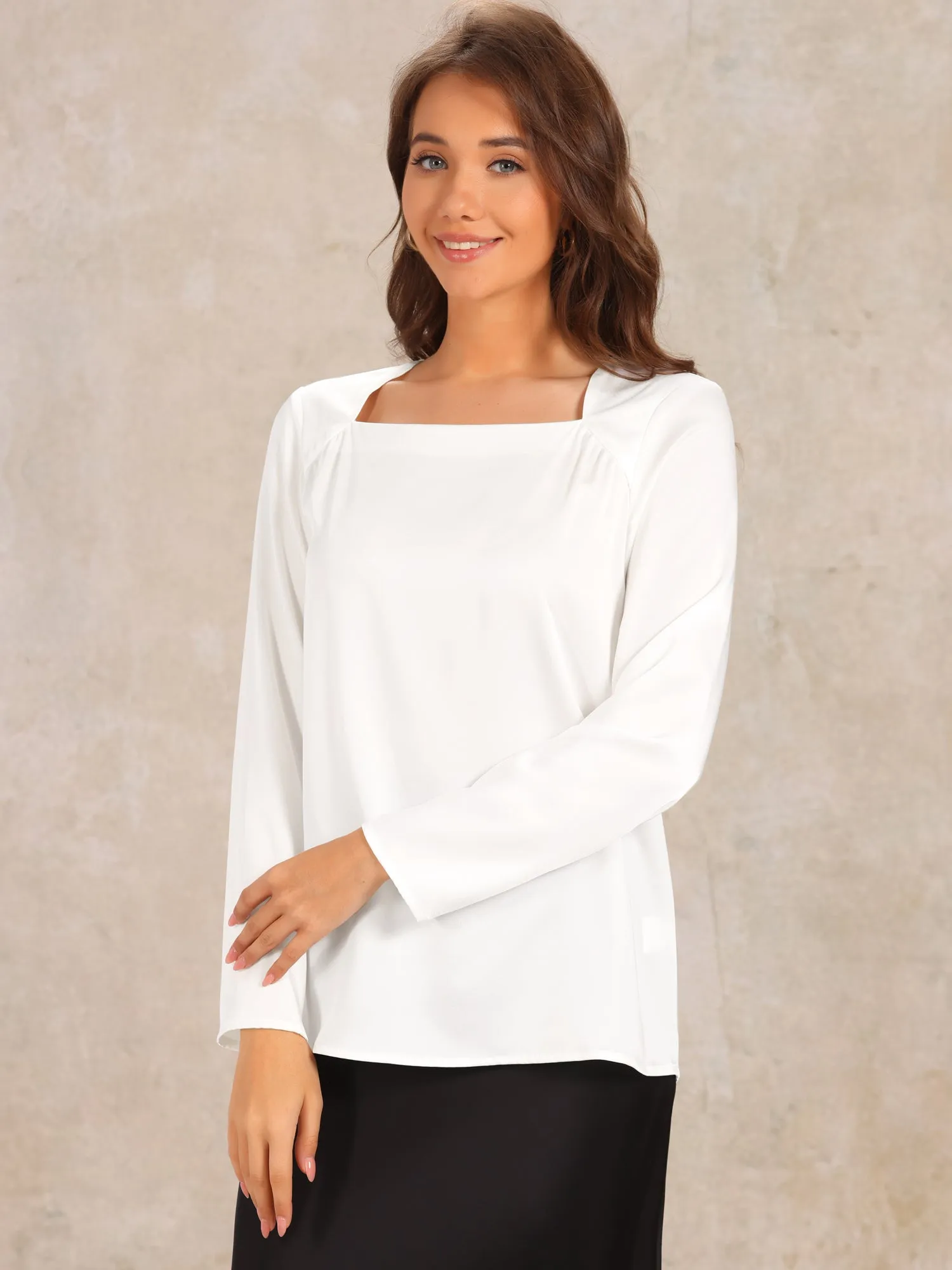 Square Neck Solid Long Sleeve Loose Satin Blouse sold by Allegra K