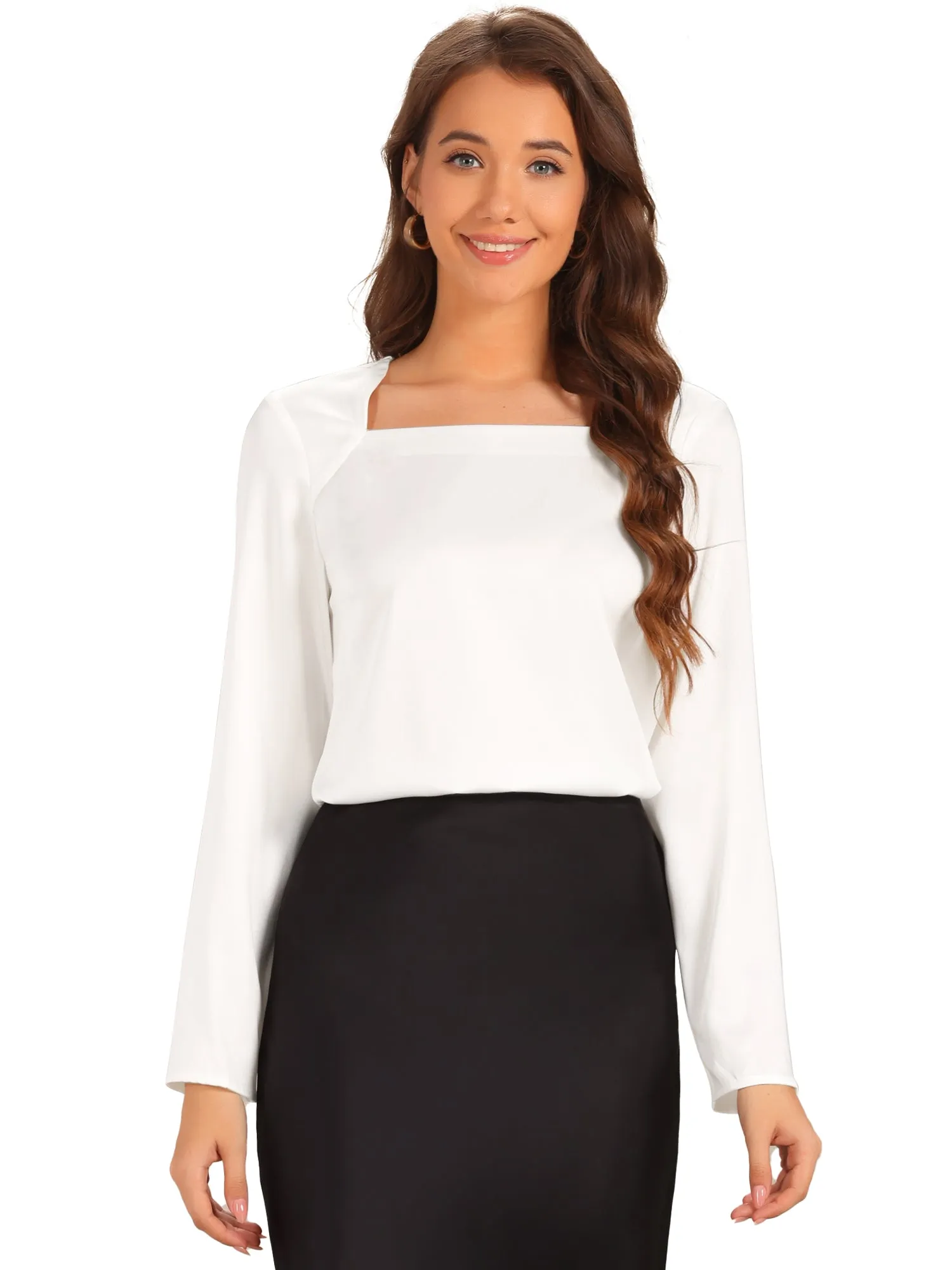 Square Neck Solid Long Sleeve Loose Satin Blouse sold by Allegra K product image thumbnail 4