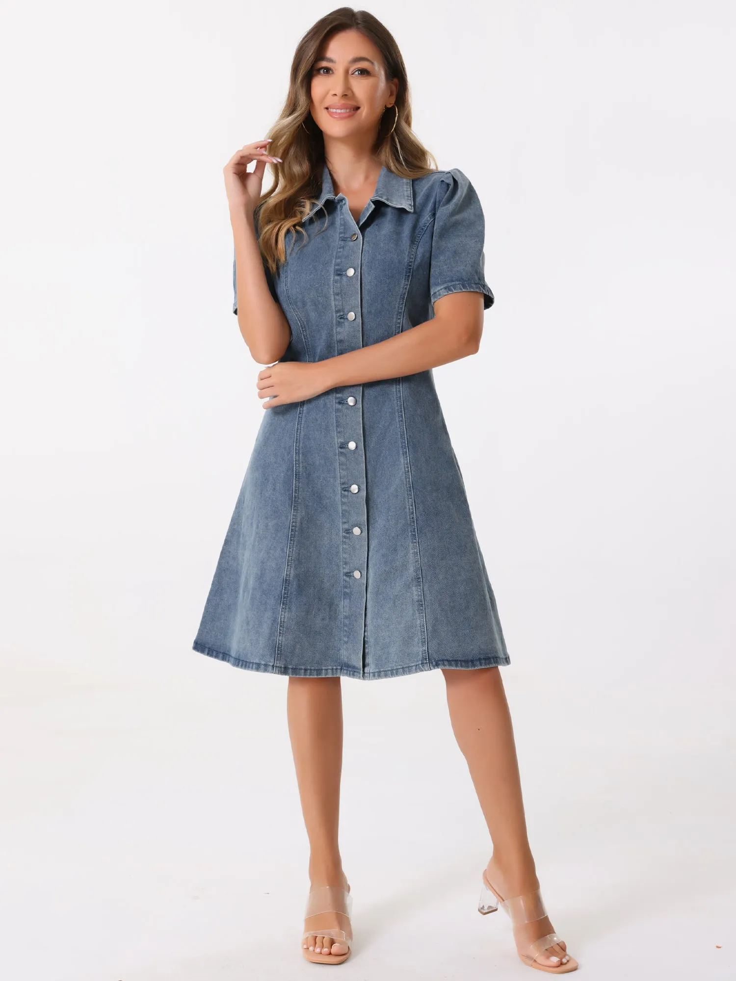 Denim Puff Sleeve Buttton Down Collared A-Line Jean Dress sold by Allegra K product image thumbnail 5