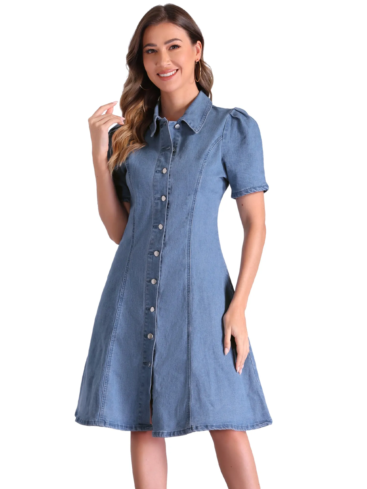 Denim Puff Sleeve Buttton Down Collared A-Line Jean Dress sold by Allegra K product image thumbnail 4