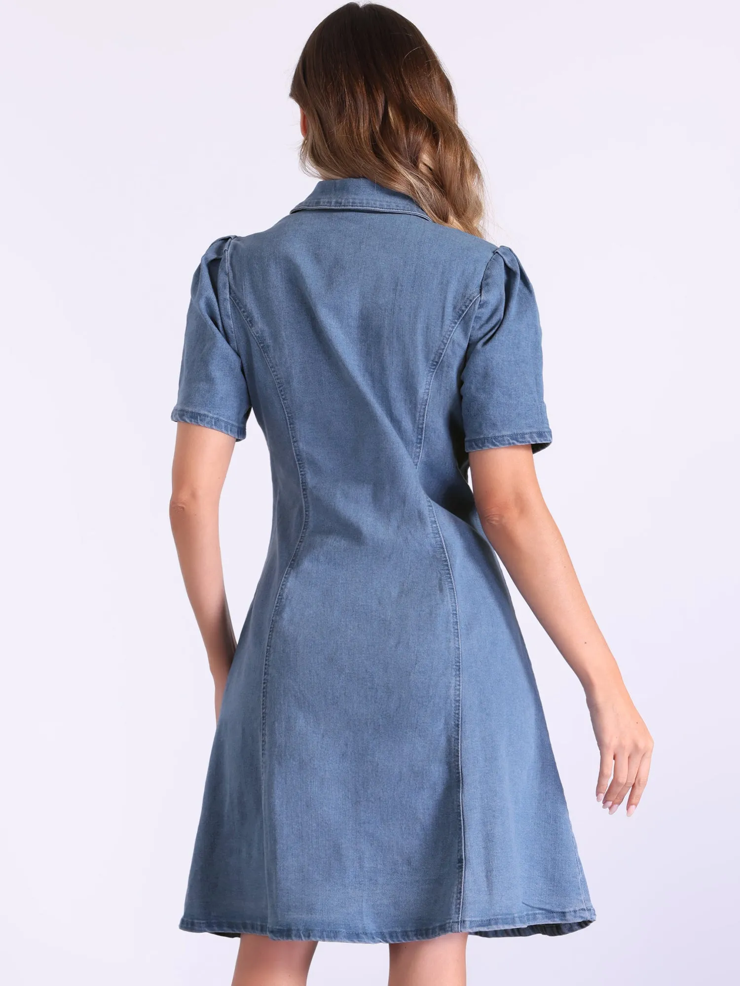 Denim Puff Sleeve Buttton Down Collared A-Line Jean Dress sold by Allegra K product image thumbnail 3