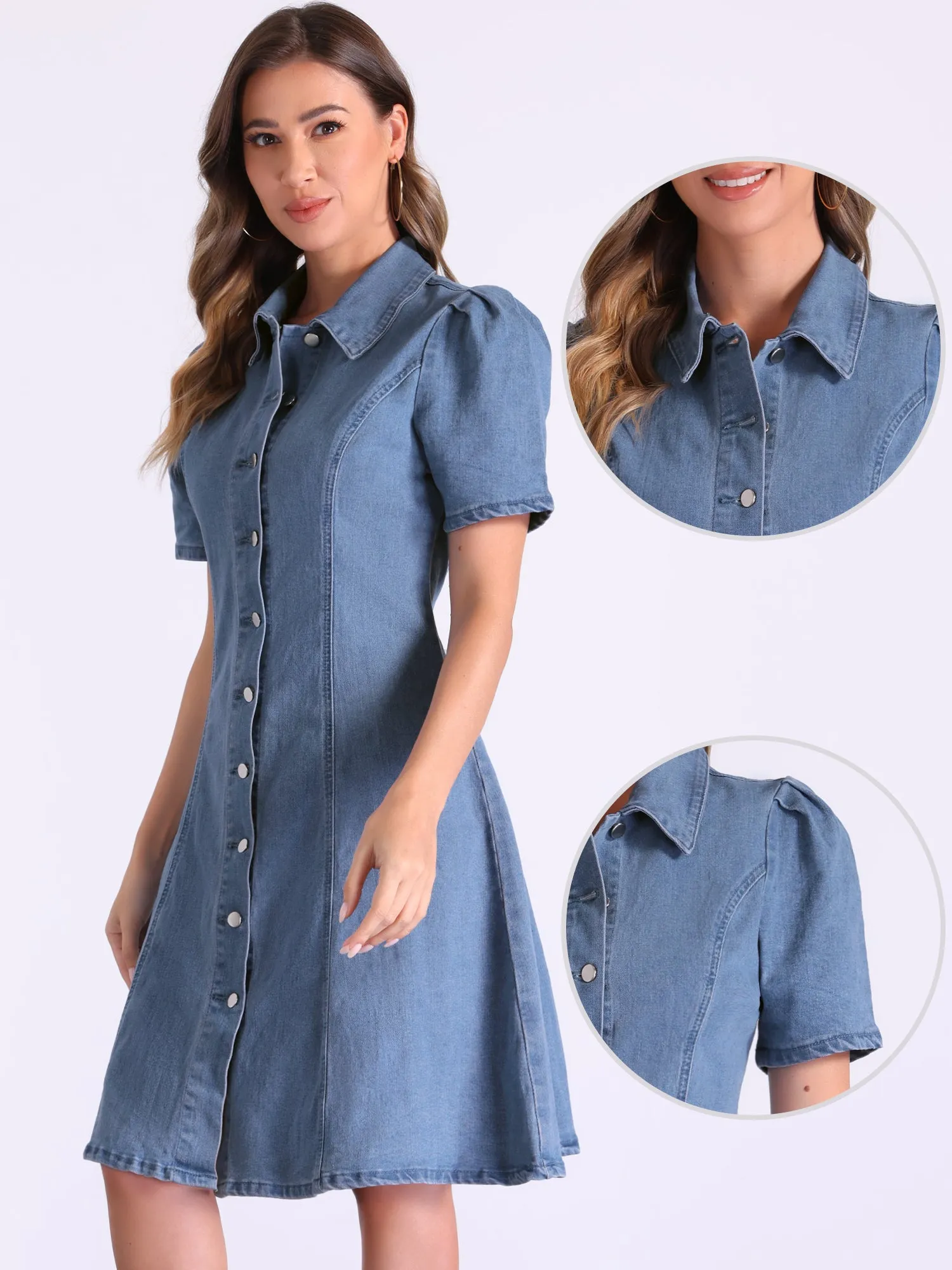 Denim Puff Sleeve Buttton Down Collared A-Line Jean Dress sold by Allegra K product image thumbnail 2