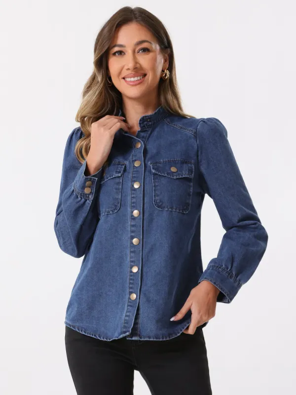Denim Mock Neck Puff Long Sleeve Button Down Jean Shirt sold by Allegra K