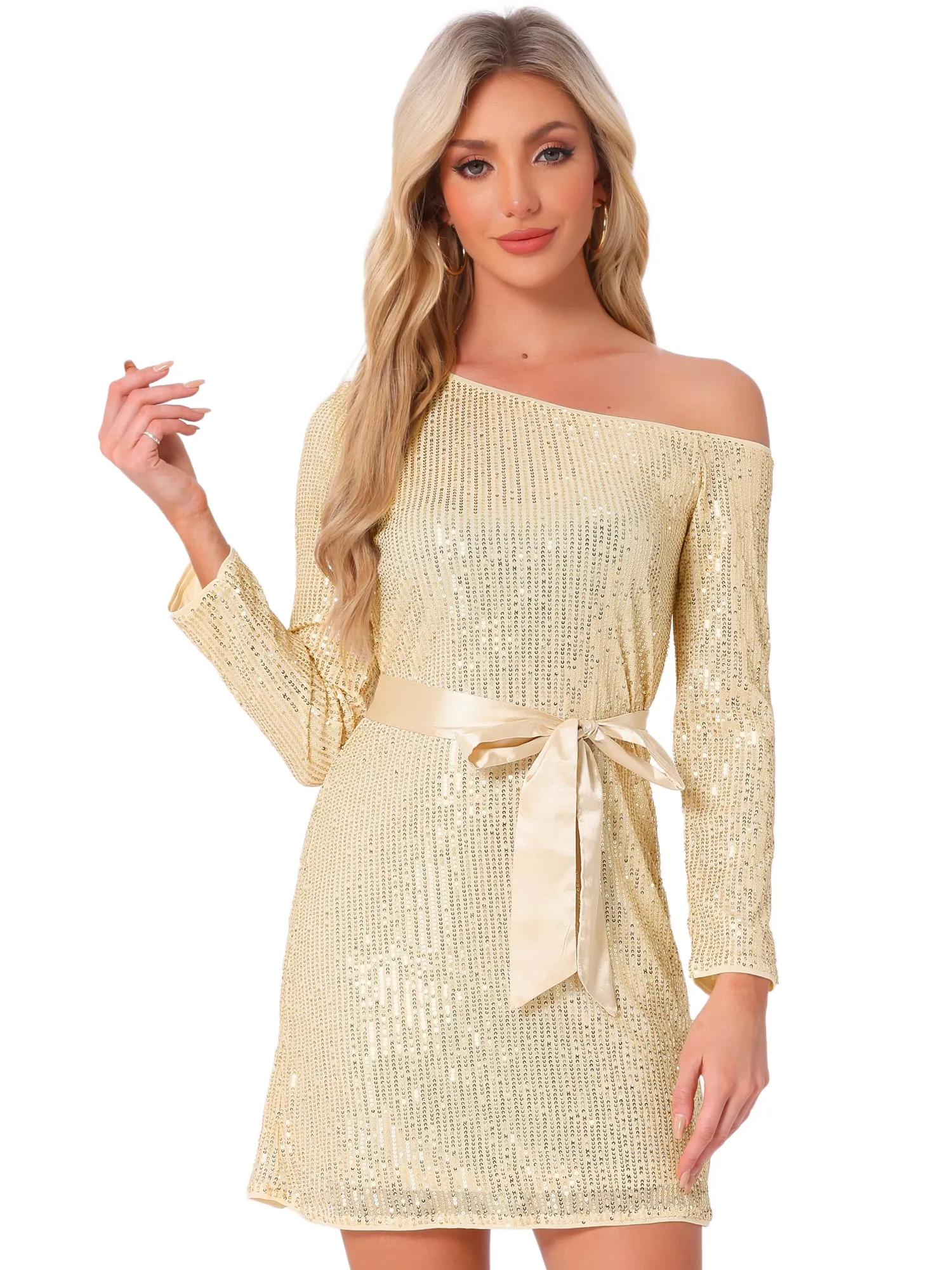 Sequin Long Sleeve One Shoulder Sparkly Glitter Belted Dress sold by Allegra K product image thumbnail 5