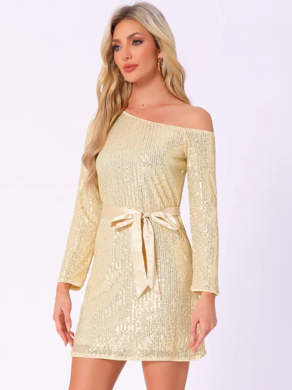 Sequin Long Sleeve One Shoulder Sparkly Glitter Belted Dress sold by Allegra K