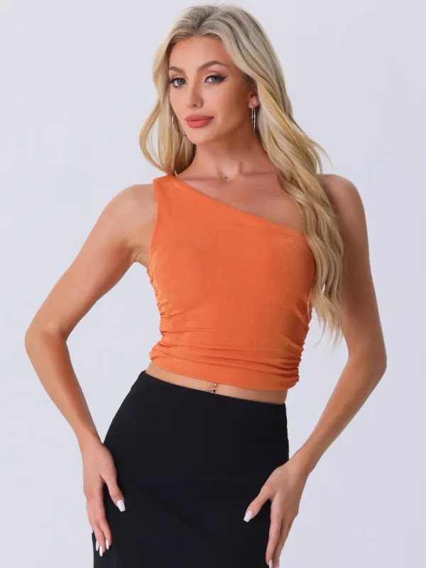 Sleeveless One Shoulder Ruched Cropped Tank Top sold by Allegra K