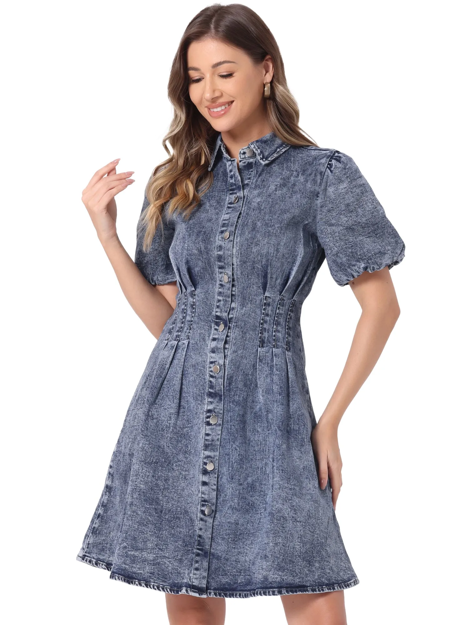 Denim Puff Short Sleeve Button Down A-Line Jean Dress sold by Allegra K product image thumbnail 5