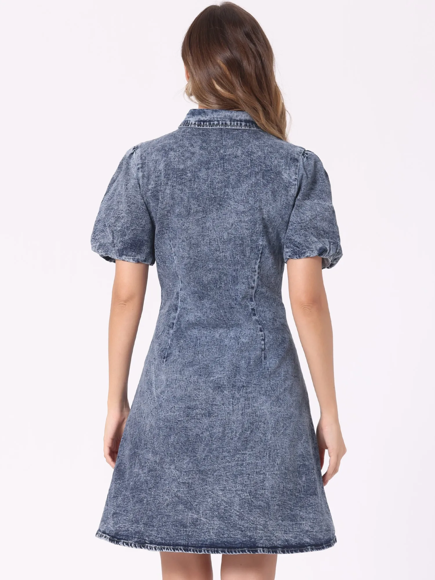 Denim Puff Short Sleeve Button Down A-Line Jean Dress sold by Allegra K product image thumbnail 3