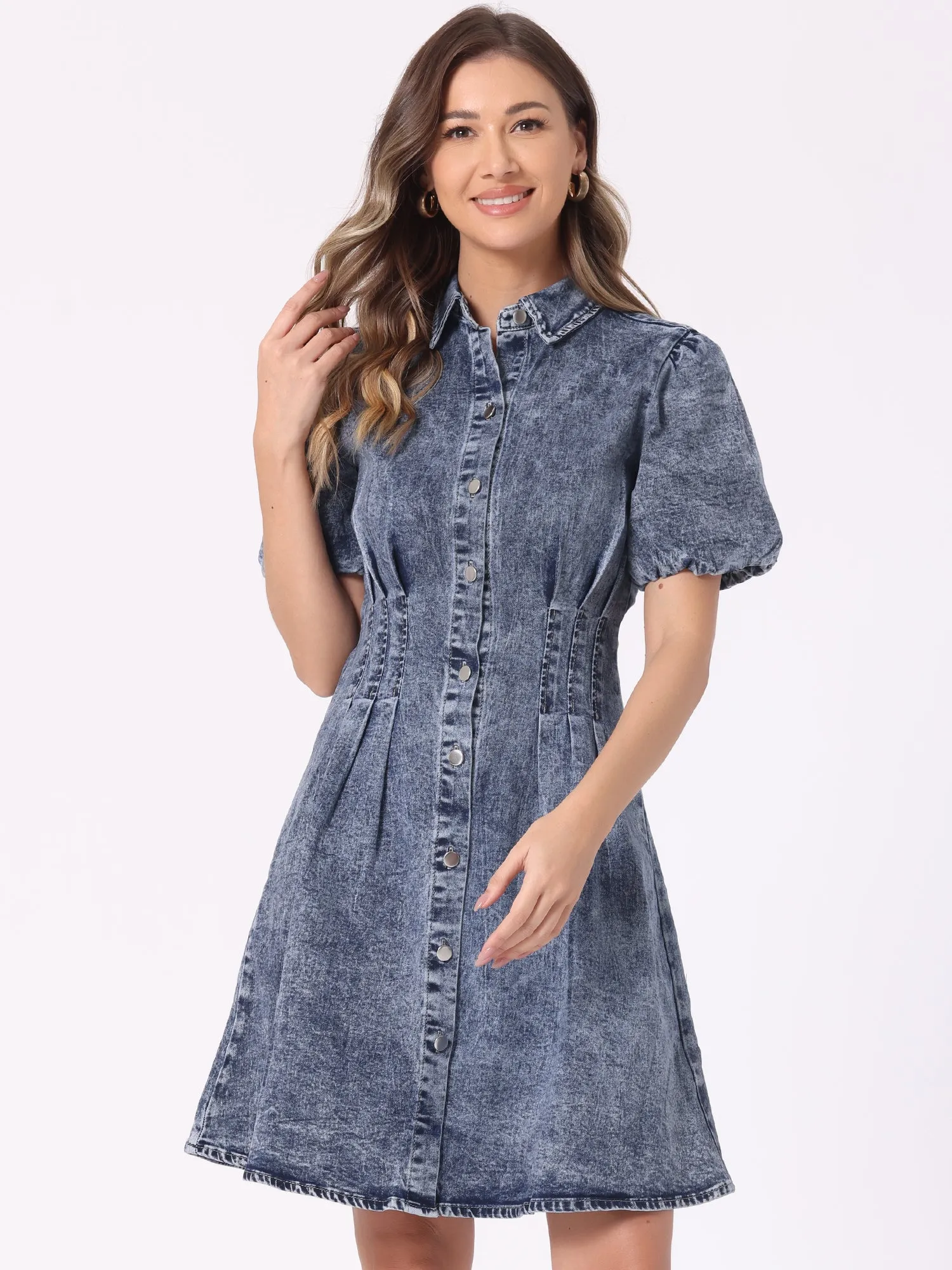 Denim Puff Short Sleeve Button Down A-Line Jean Dress sold by Allegra K