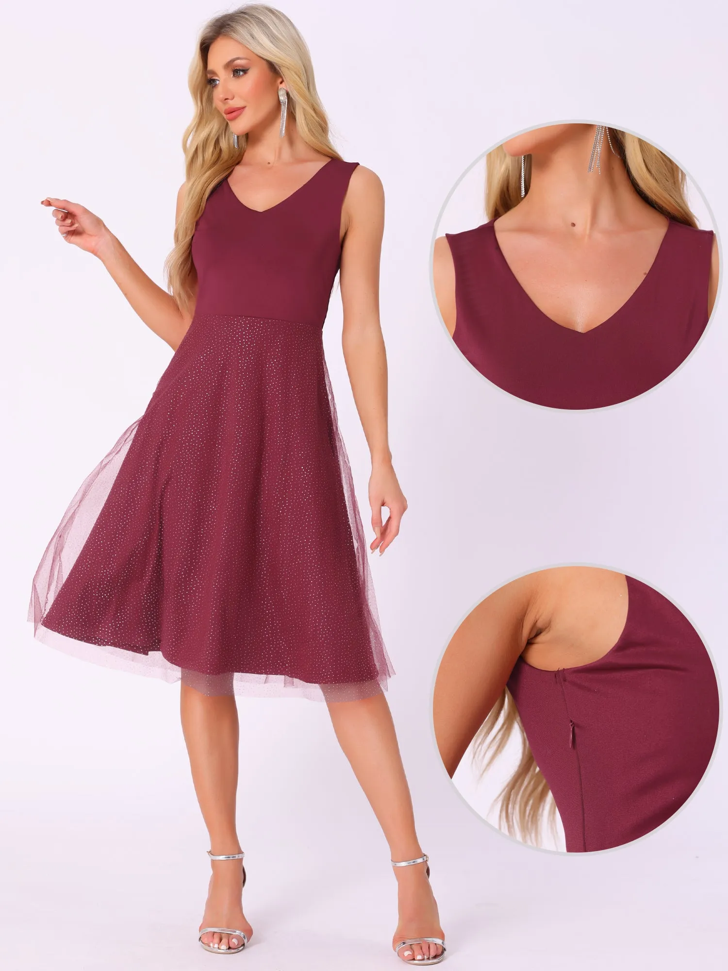 V Neck Sleeveless Glitter Midi A-Line Dress sold by Allegra K product image thumbnail 2