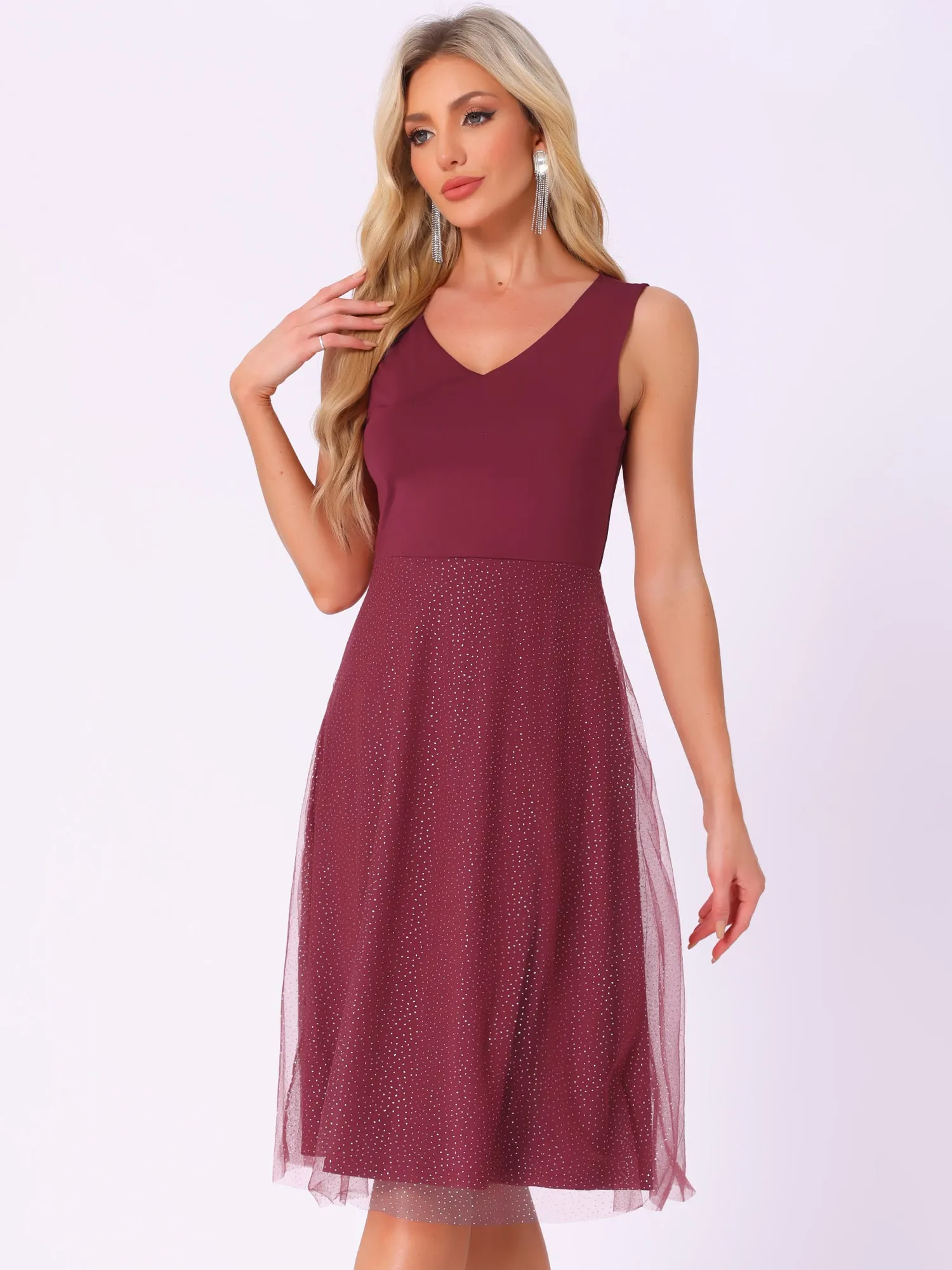 V Neck Sleeveless Glitter Midi A-Line Dress sold by Allegra K