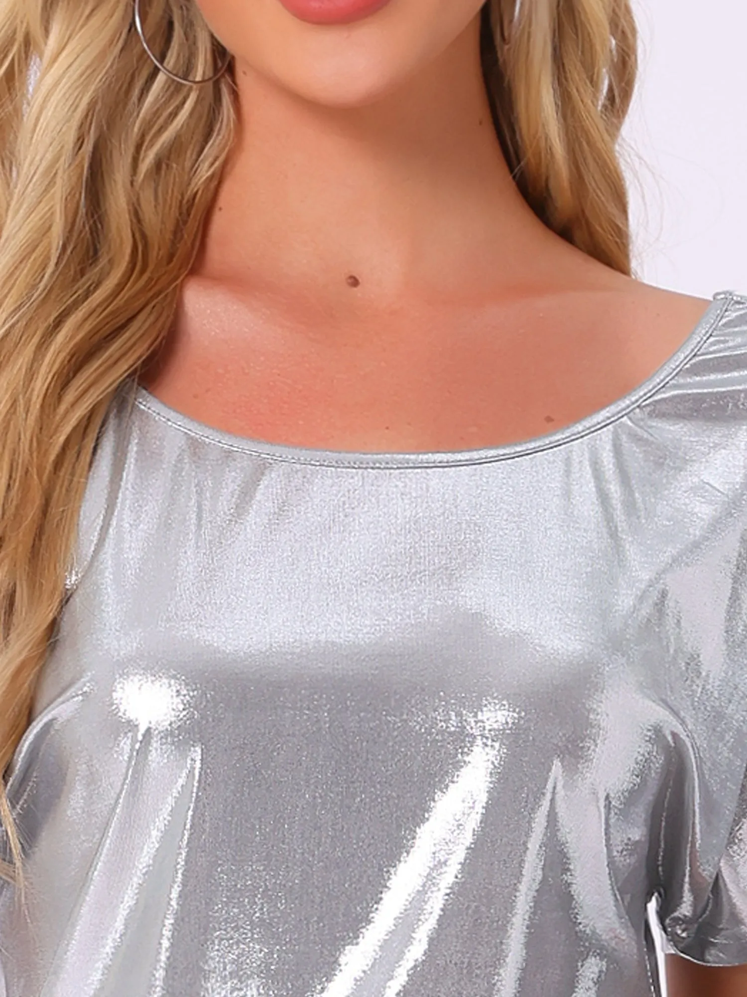 Metallic Off Shoulder Short Sleeve Loose Party Sparkly Blouse sold by Allegra K product image thumbnail 4