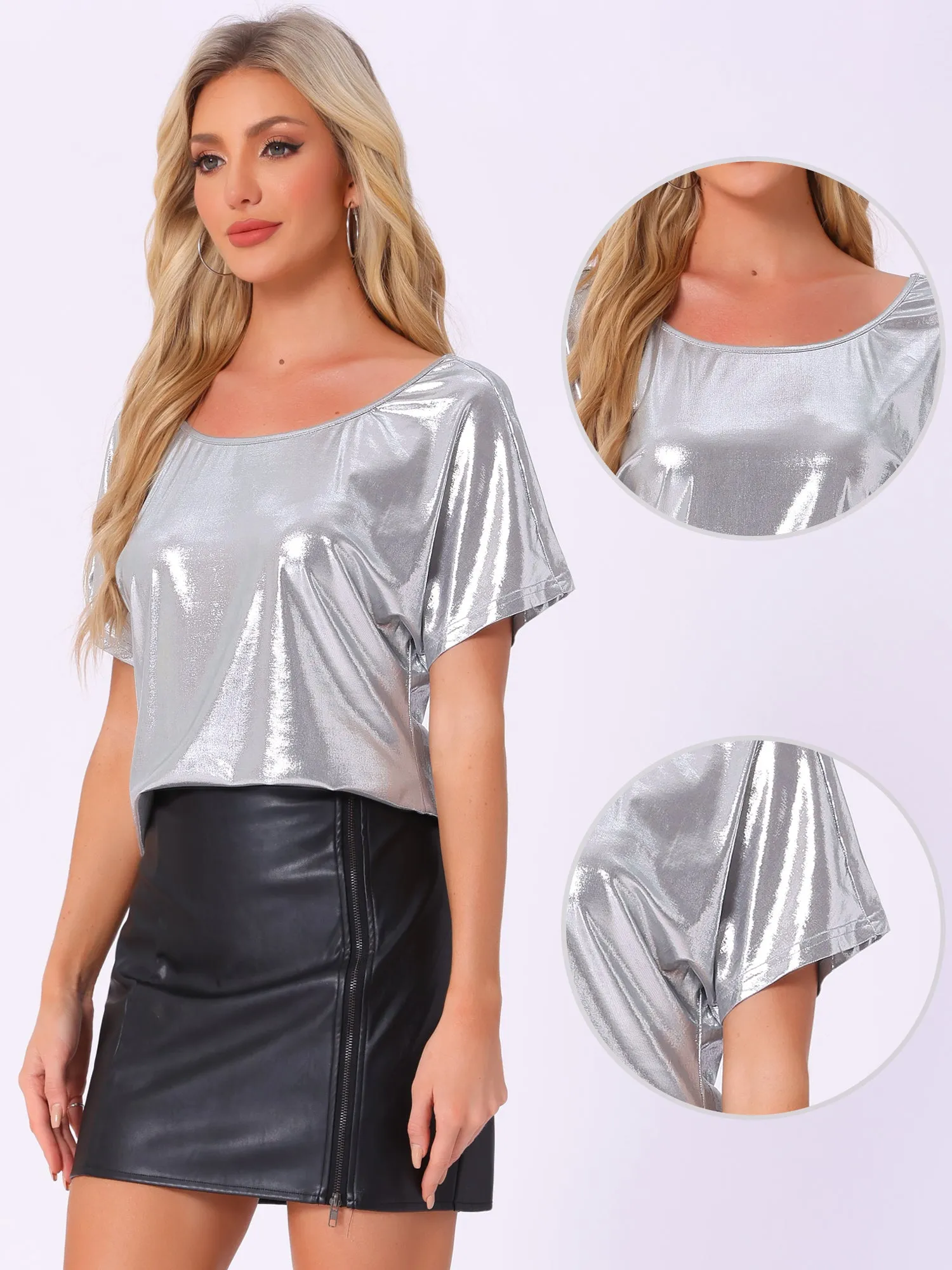 Metallic Off Shoulder Short Sleeve Loose Party Sparkly Blouse sold by Allegra K