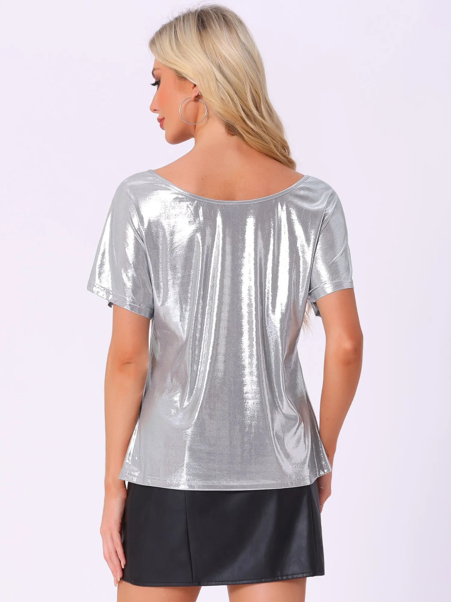 Metallic Off Shoulder Short Sleeve Loose Party Sparkly Blouse sold by Allegra K product image thumbnail 2