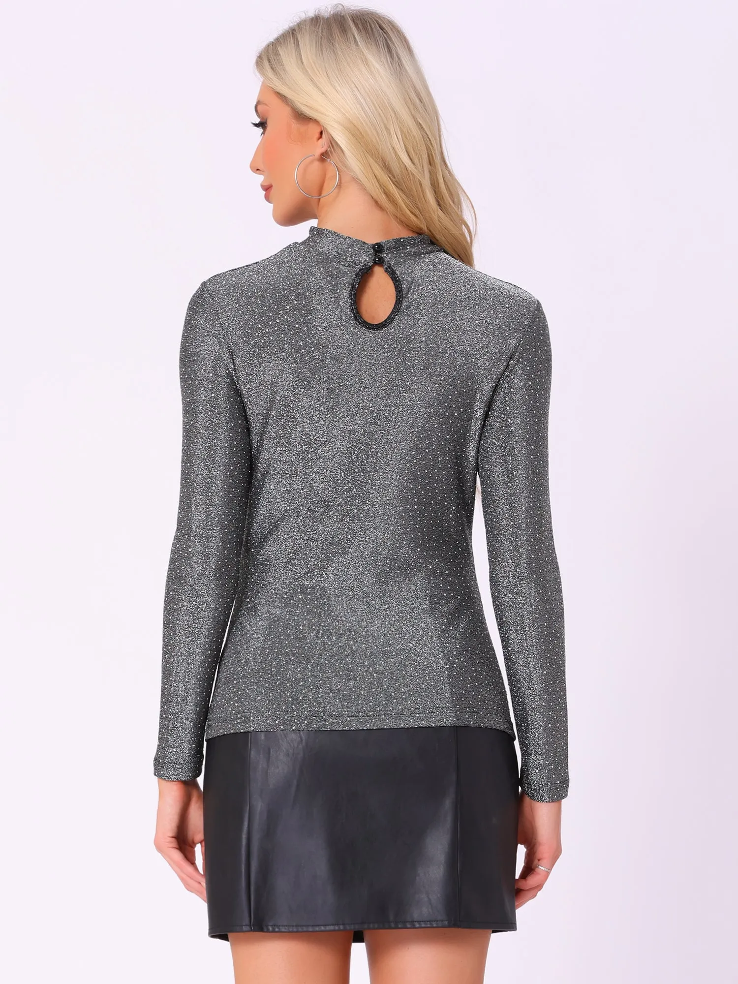 Glitter Sparkle Mock Neck Cut Out Long Sleeve Party Tops sold by Allegra K product image thumbnail 3