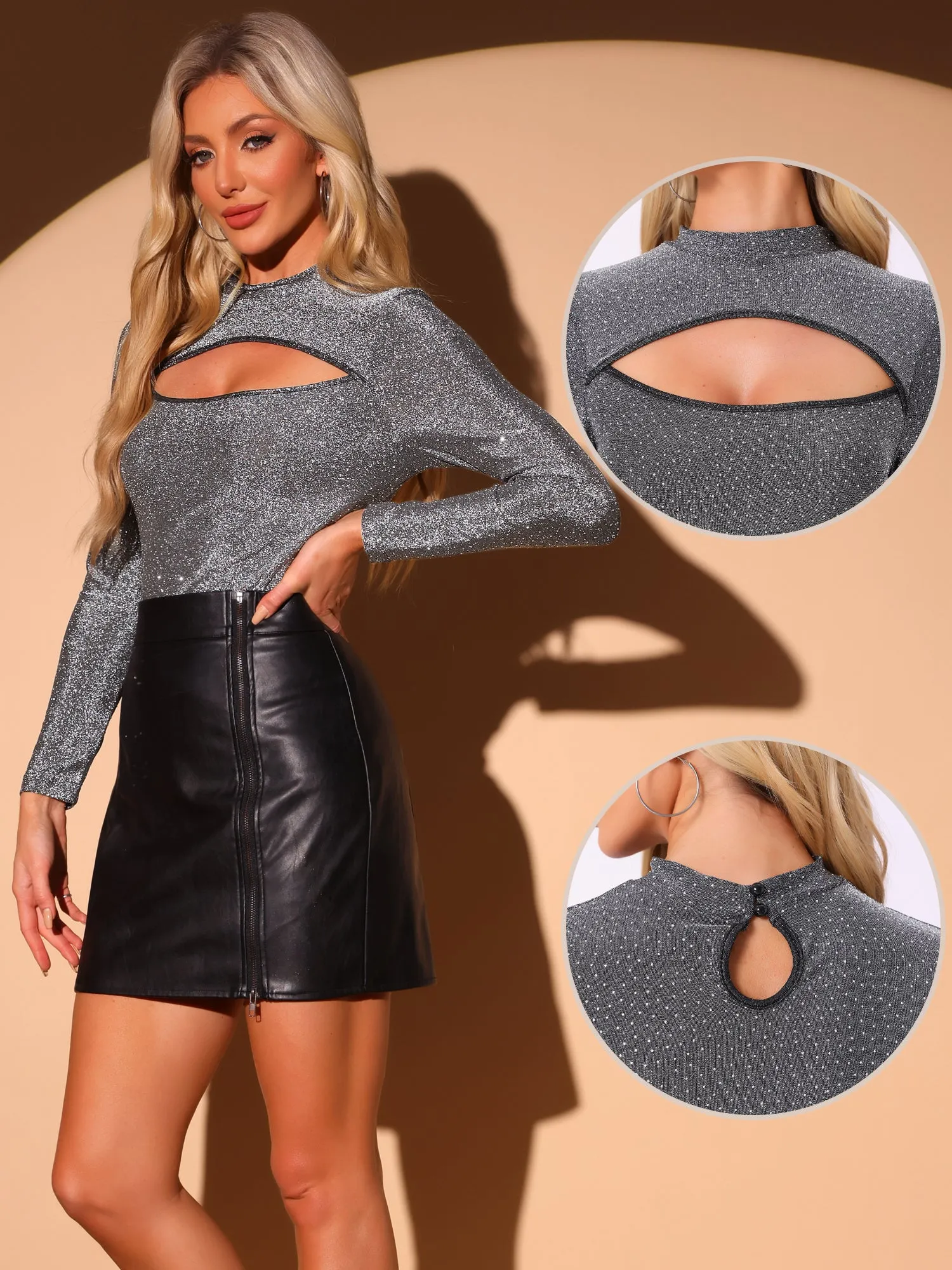 Glitter Sparkle Mock Neck Cut Out Long Sleeve Party Tops sold by Allegra K product image thumbnail 2