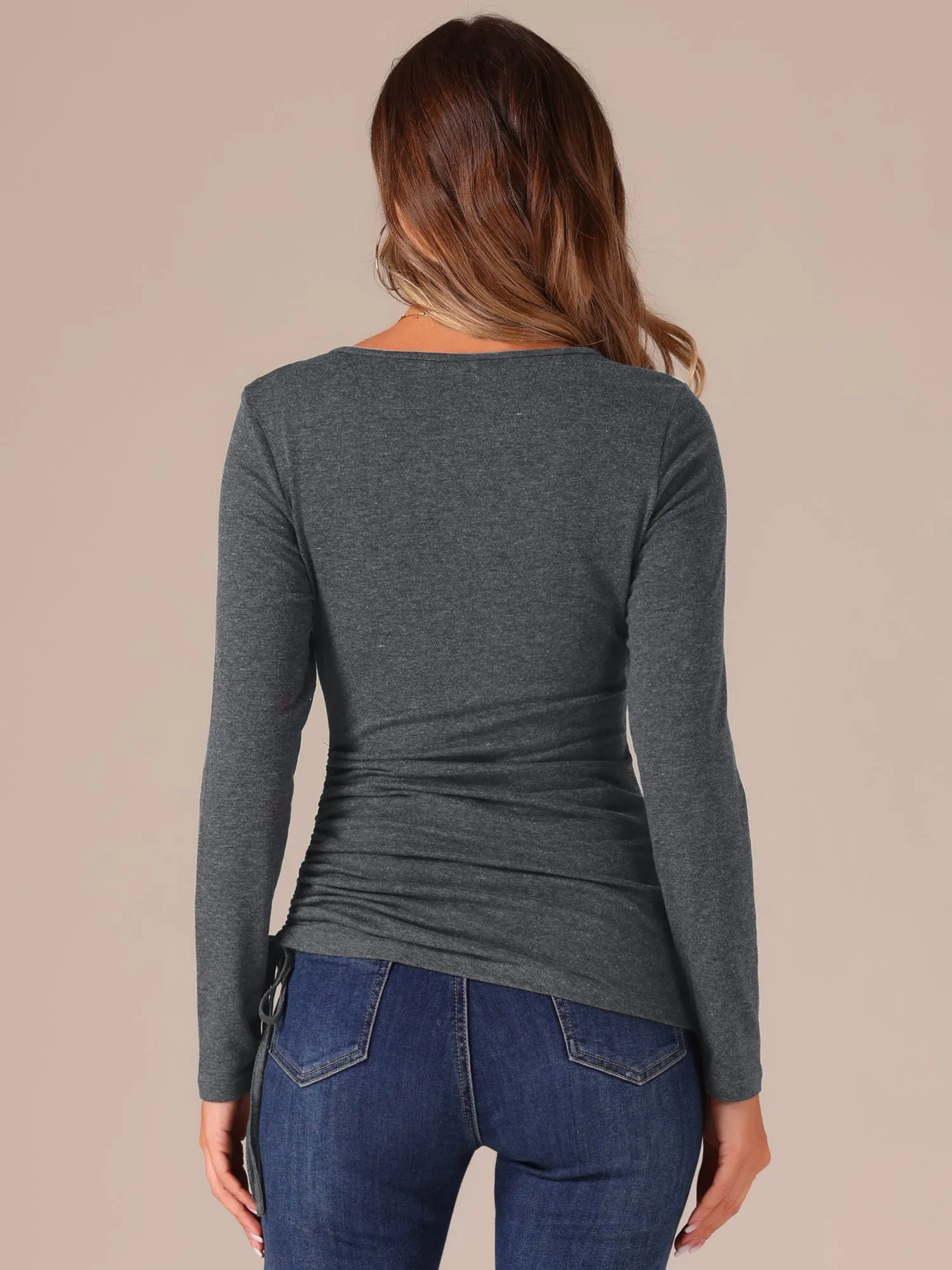 Scoop Neck Button Stretch Ruched Drawstring Top sold by Allegra K product image thumbnail 3