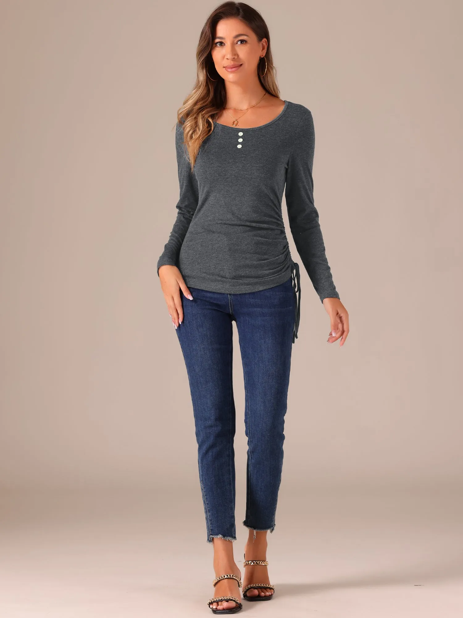 Scoop Neck Button Stretch Ruched Drawstring Top sold by Allegra K product image thumbnail 2