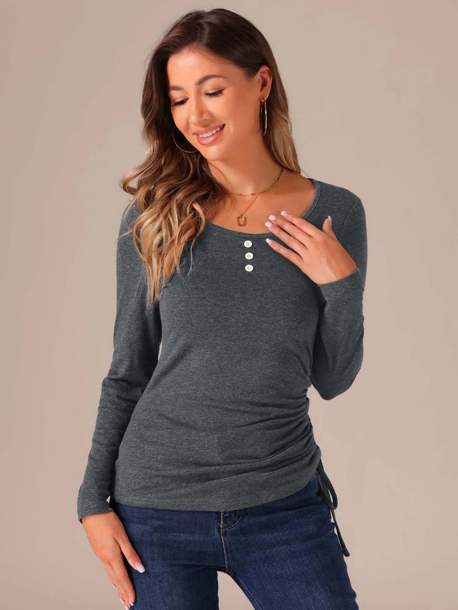 Scoop Neck Button Stretch Ruched Drawstring Top sold by Allegra K