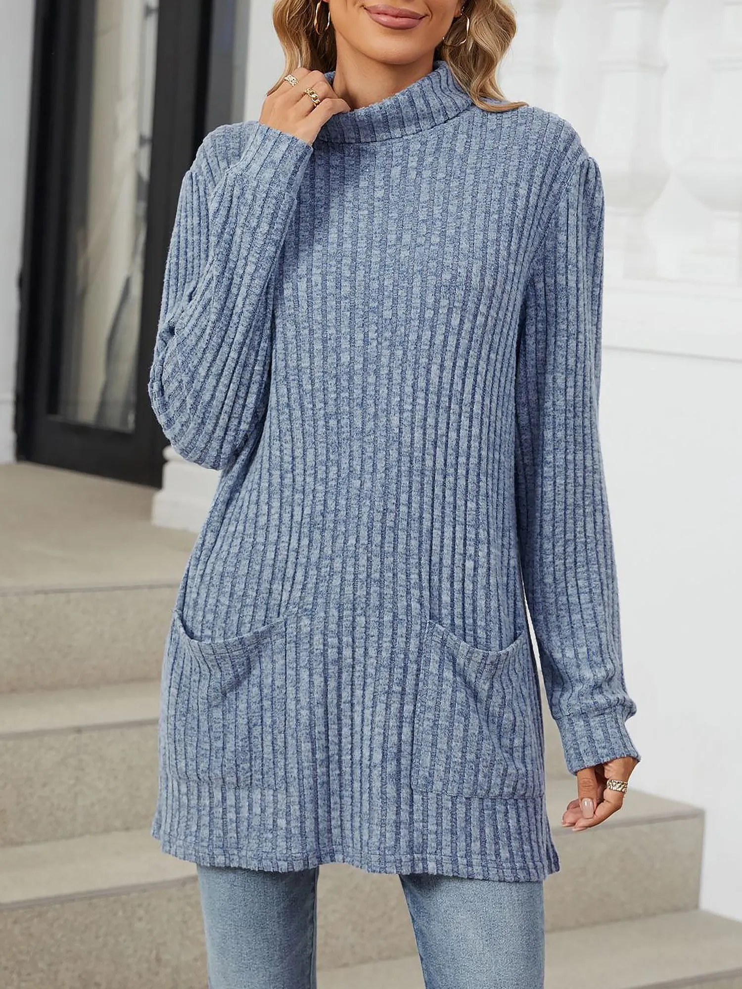 Solid Color Mock Neck Long Sleeve Tunic Blouse sold by Allegra K product image thumbnail 4